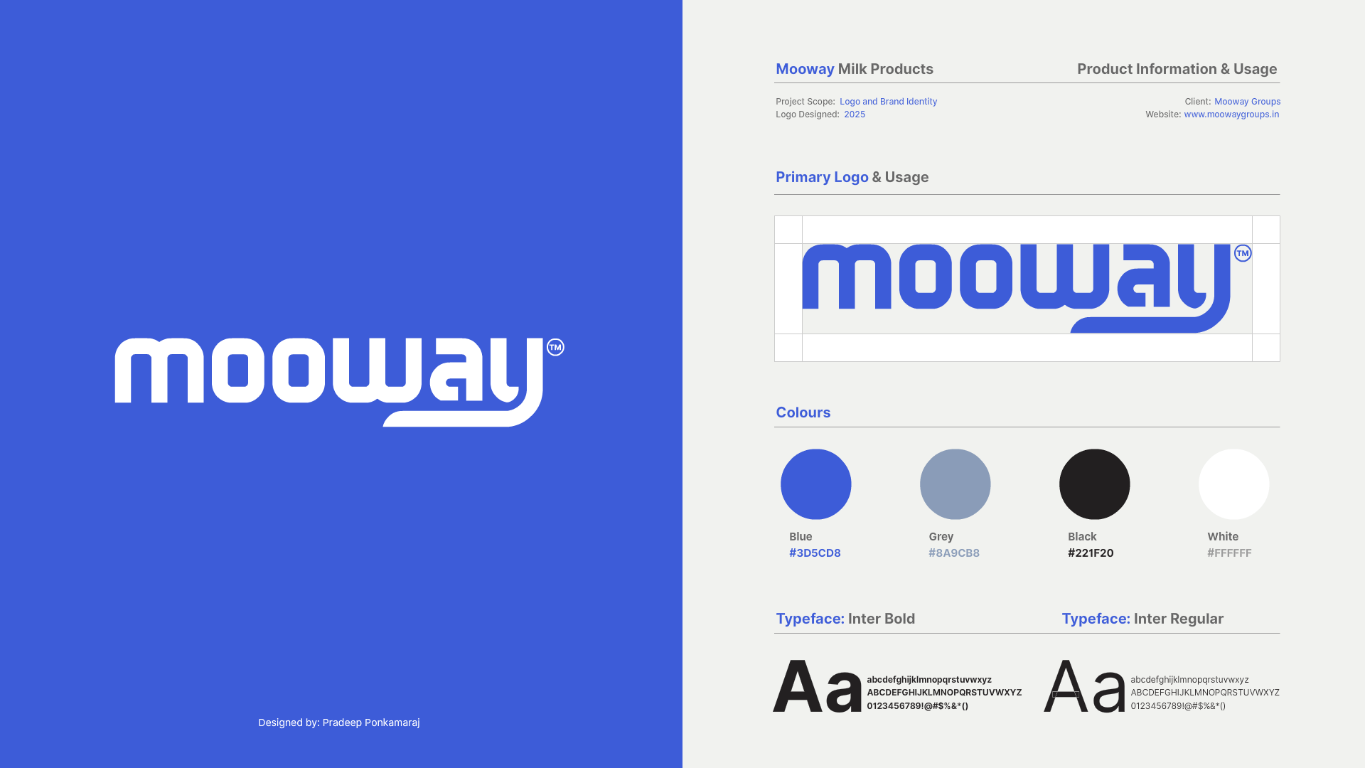 Mooway milk products logo and brand identity in blue, white and grey